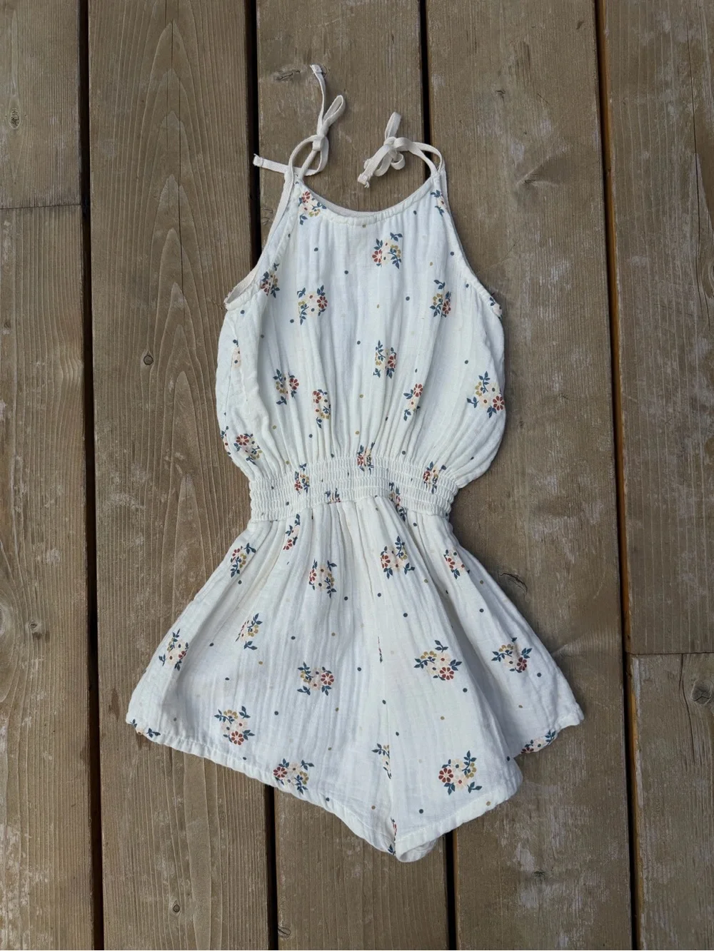 LiiLU Girls White Floral Tie-Shoulder Romper with Smocked Waist